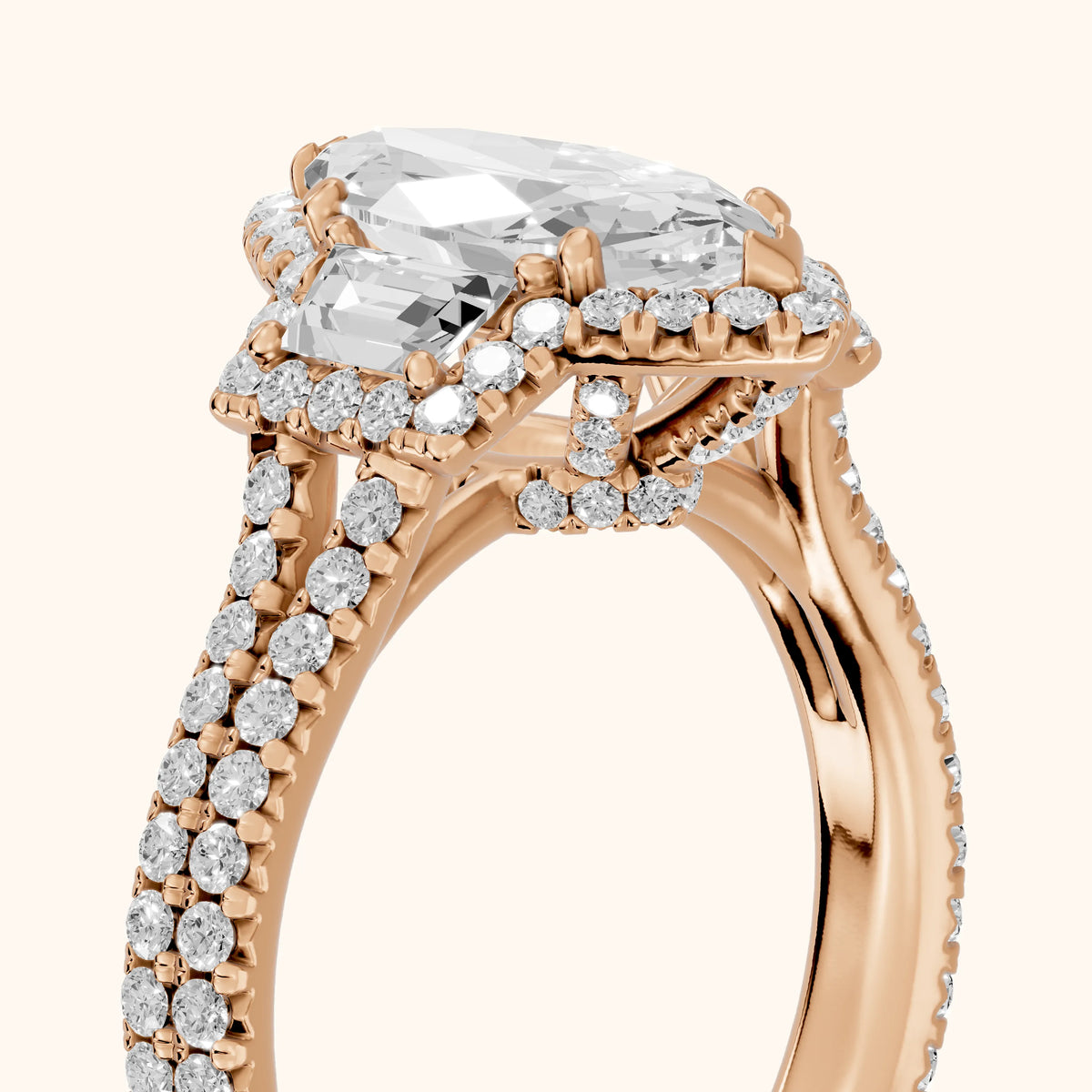 Ronan Three-Stone Halo Marquise Diamond Engagement Ring in Rose Gold - slant-view.webp