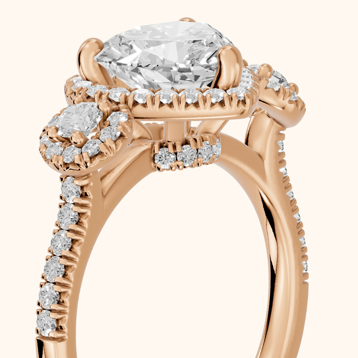 Denver Three-Stone Halo Heart Diamond Engagement Ring in Rose Gold - slant-view.webp