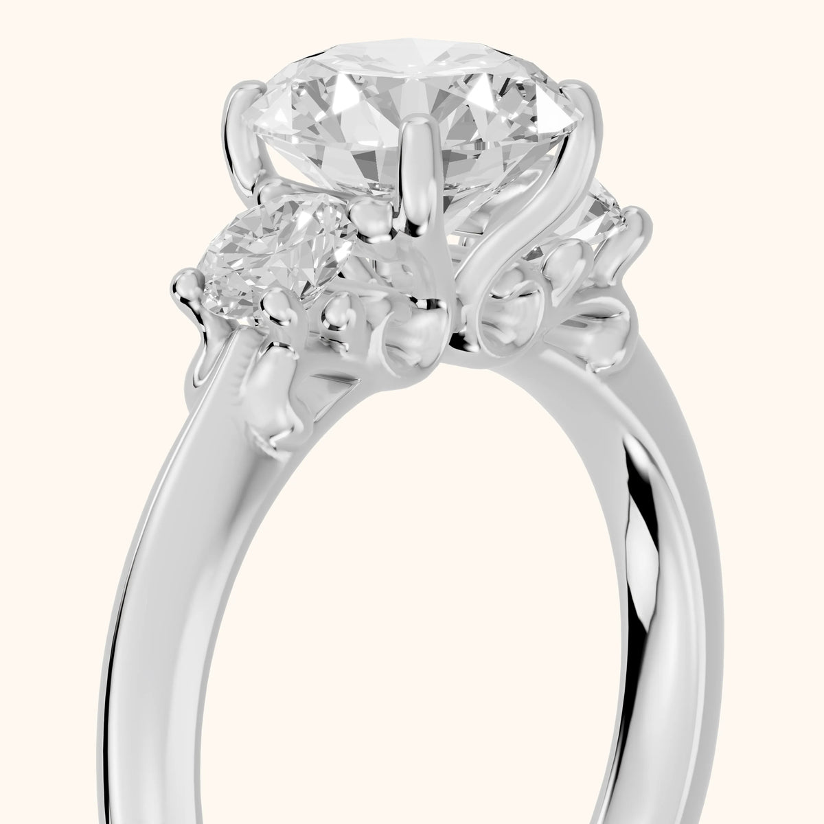 Lea Filigree Three-Stone Round Diamond Engagement Ring in Silver - slant-view.webp