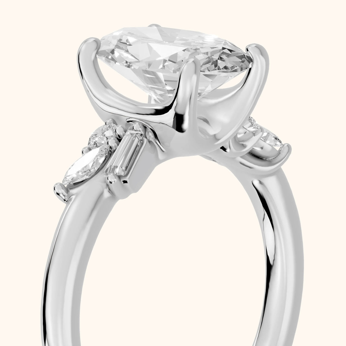Morgan Baguette Cluster Oval Diamond Engagement Ring in Silver - slant-view.webp