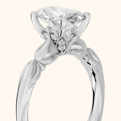 Verena Engraved Leaf Oval Diamond Engagement Ring in Silver - slant-view.webp