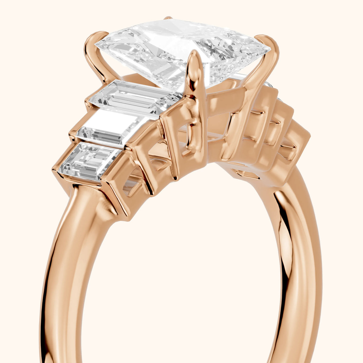 Riviera Graduated Baguette Radiant Diamond Engagement Ring in Rose Gold - slant-view.webp