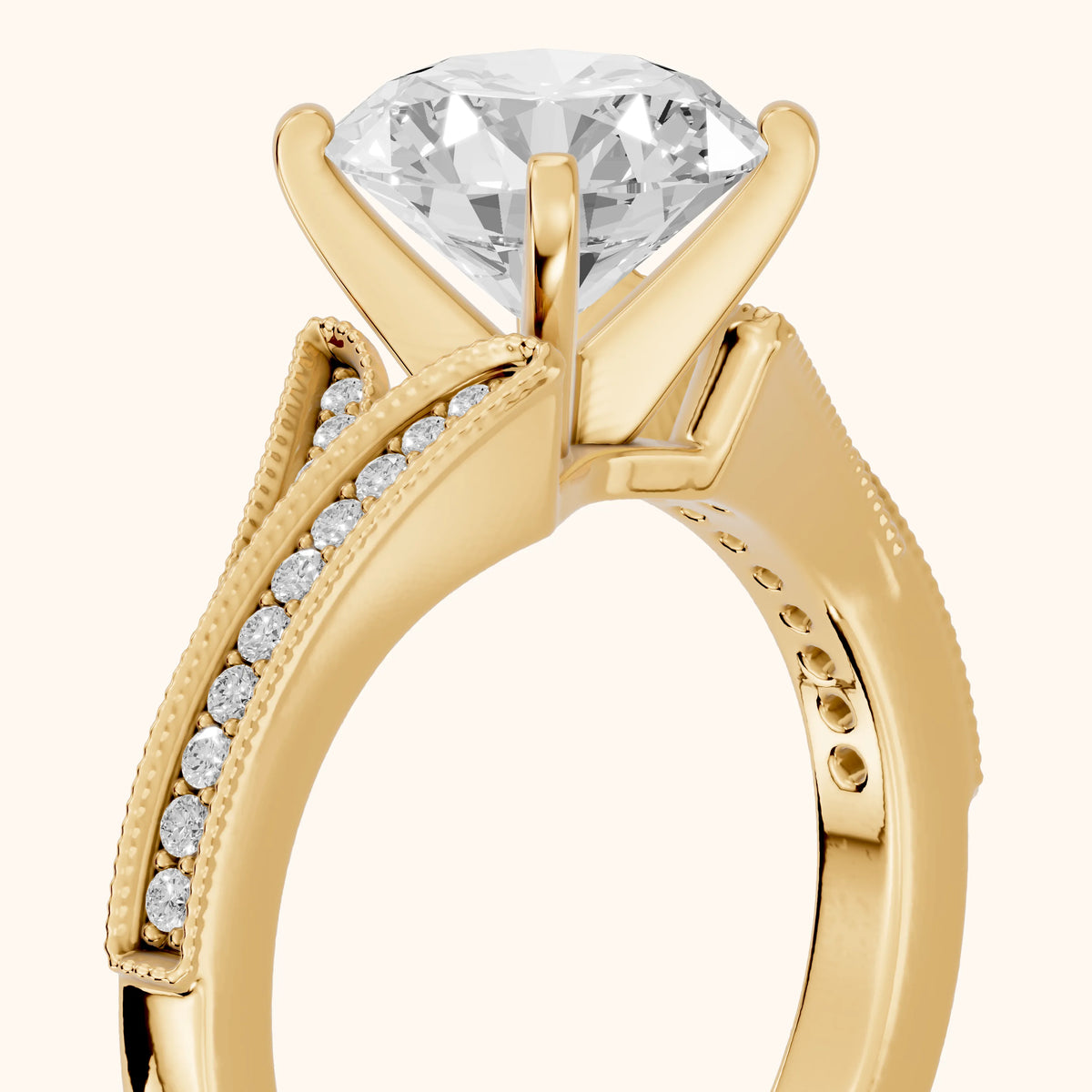 Nara Milgrain Split Shank Round Diamond Engagement Ring in Yellow Gold - slant-view.webp
