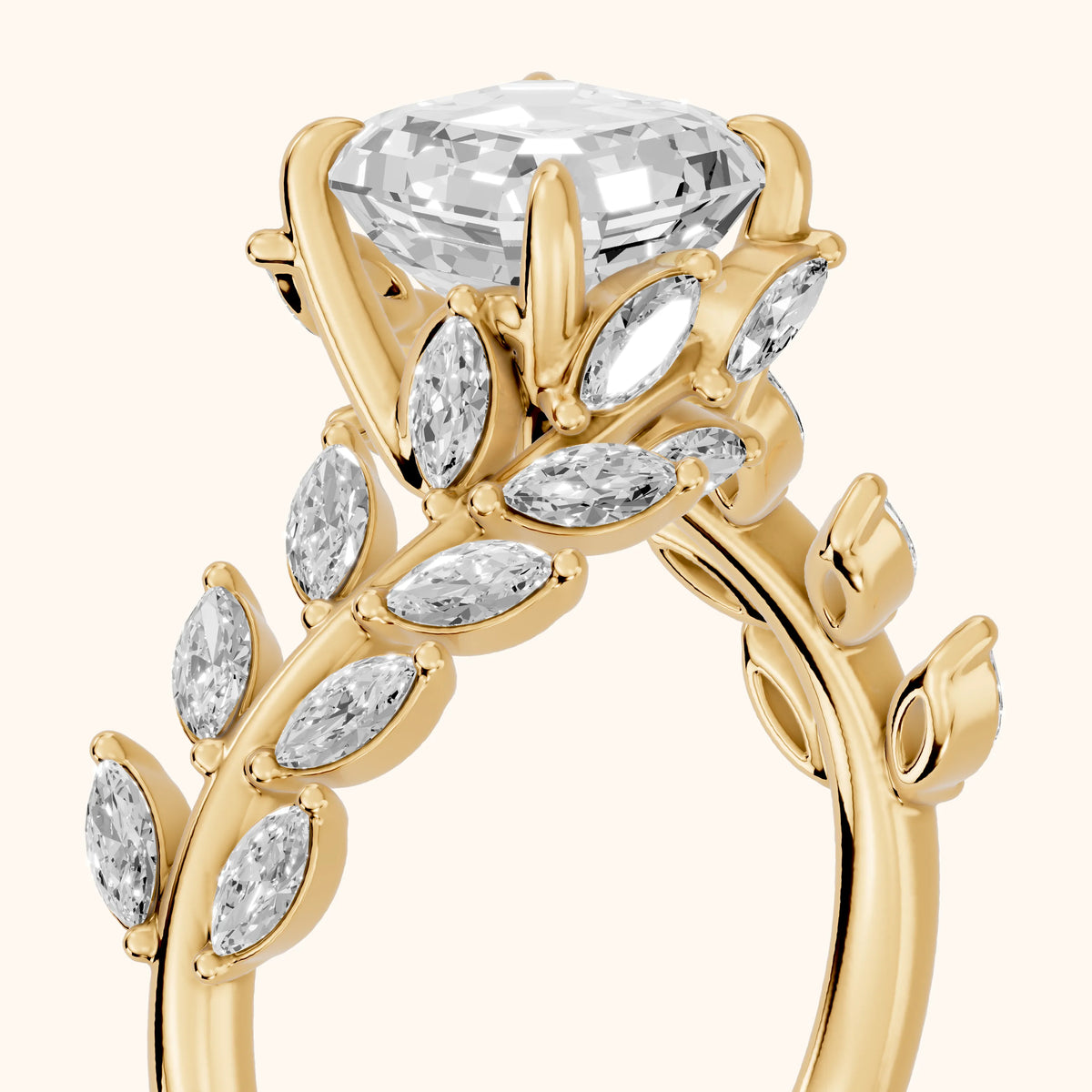 Clarion Leaf Bypass Asscher Diamond Engagement Ring in Yellow Gold - slant-view.webp
