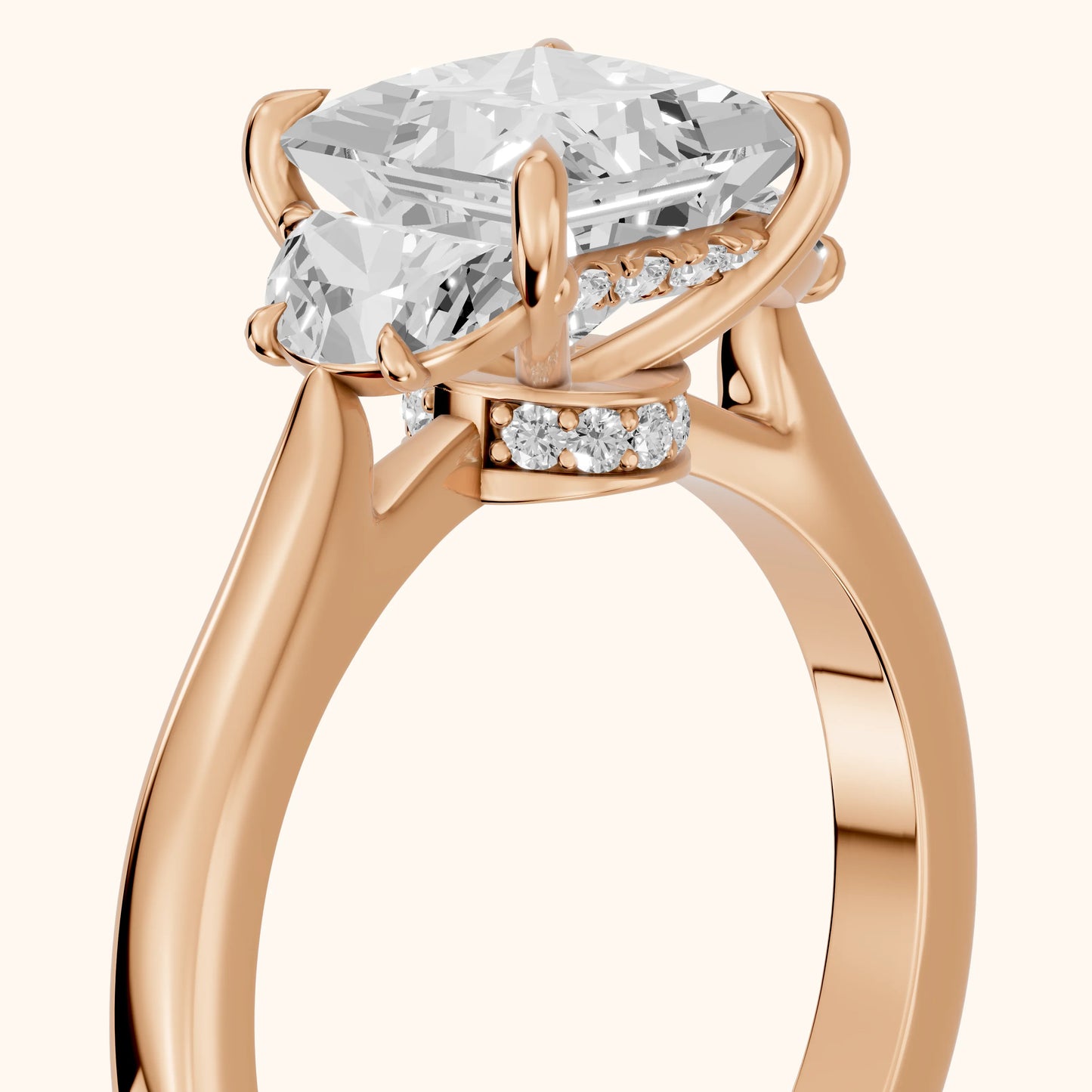 Romy Three-Stone Princess Diamond Engagement Ring in Rose Gold - slant-view.webp