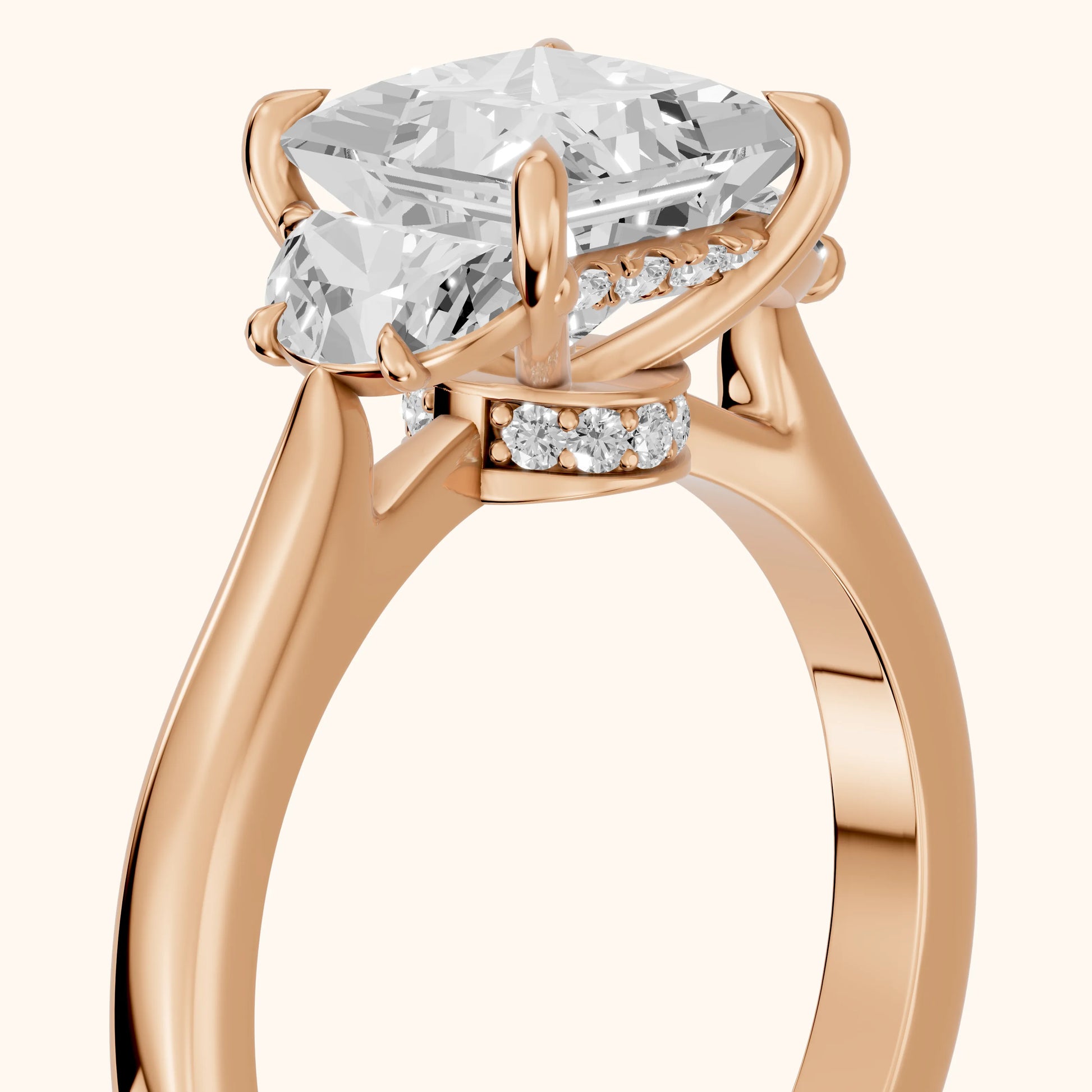 Romy Three-Stone Princess Diamond Engagement Ring in Rose Gold - slant-view.webp