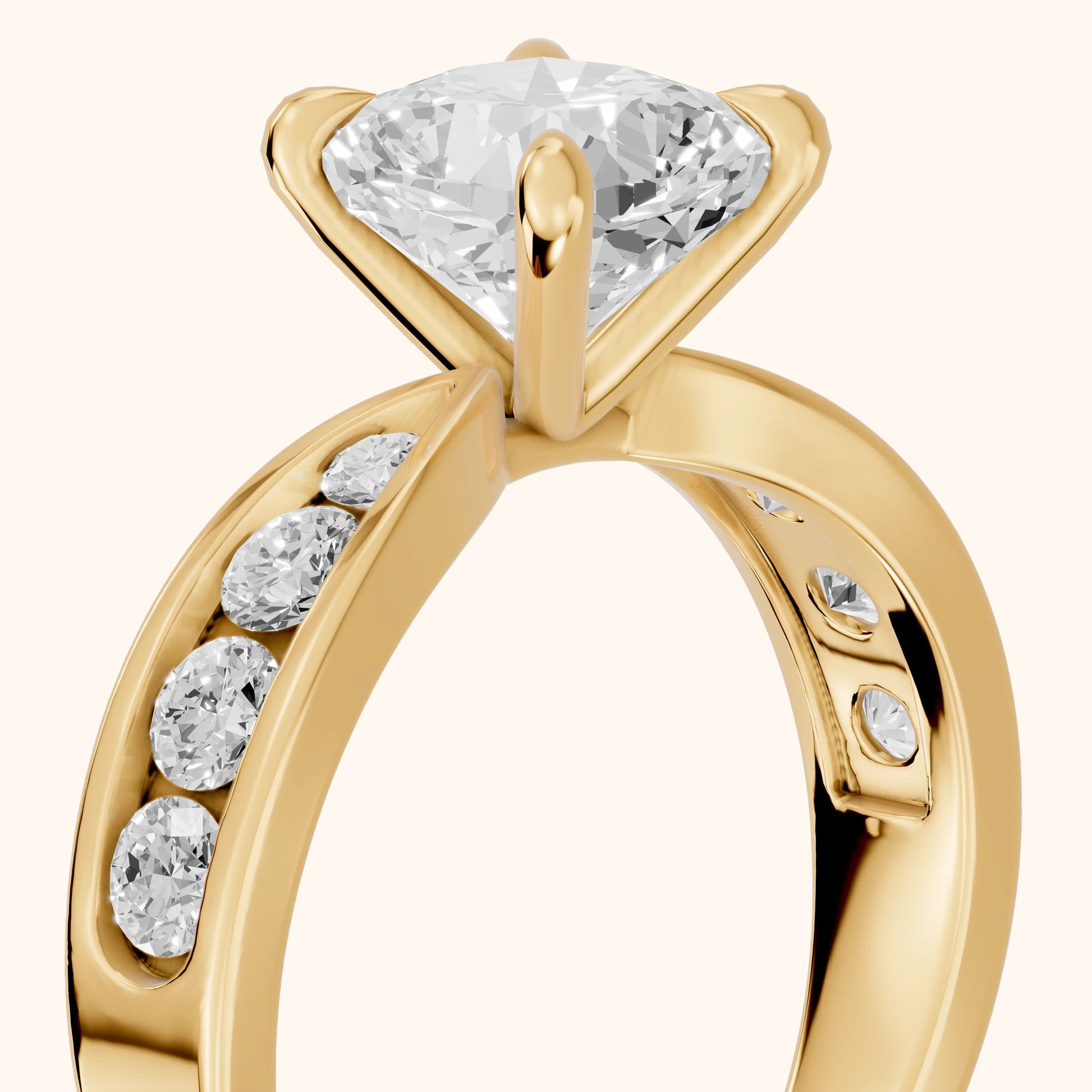 Noor Channel Set Sidestone Cushion Diamond Engagement Ring in Yellow Gold - slant-view.webp