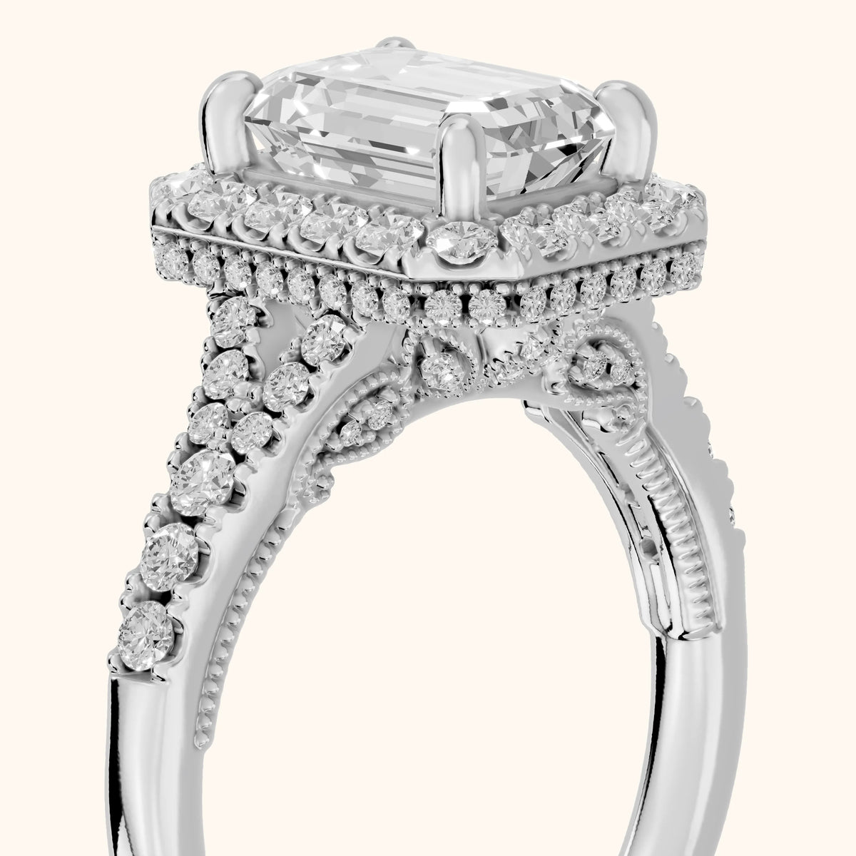 Kenner Halo Split Shank Emerald Diamond Engagement Ring in White Gold - slant-view.webp