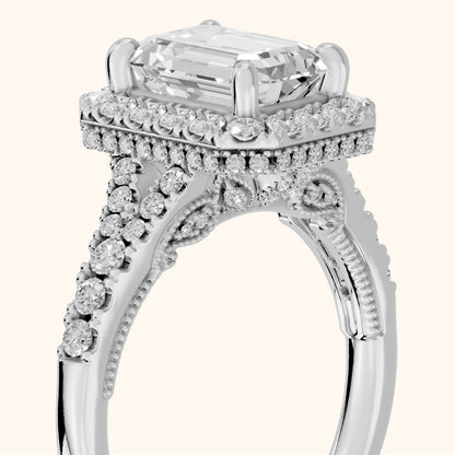 Kenner Halo Split Shank Emerald Diamond Engagement Ring in White Gold - slant-view.webp