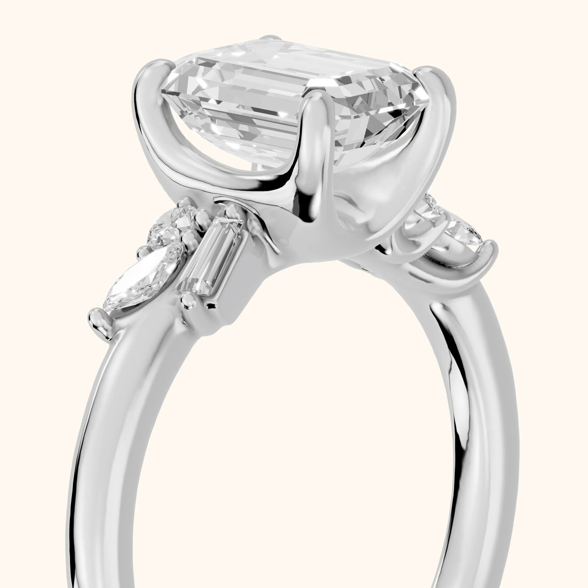 Morgan Baguette Cluster Emerald Diamond Engagement Ring in Silver - slant-view.webp
