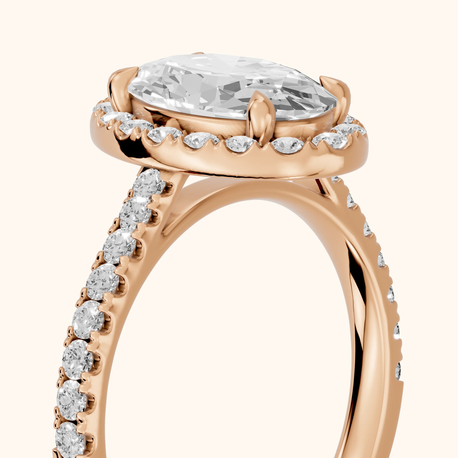 Amara Halo Claw Prong Oval Diamond Ring in Rose Gold - slant-view.webp