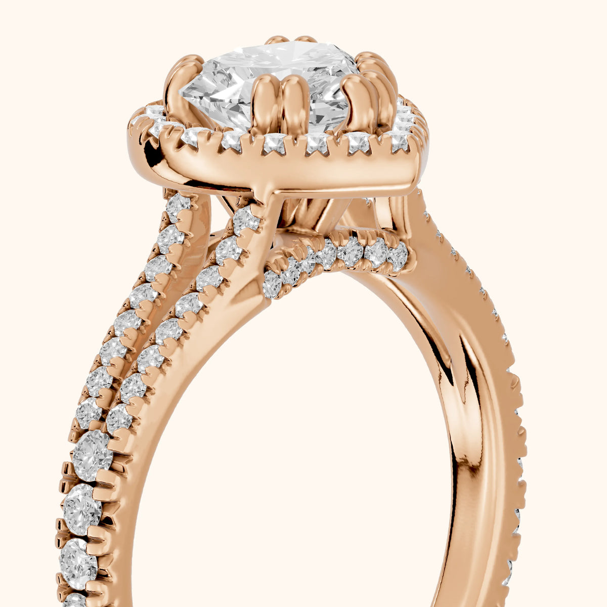 Dallas Halo Split Shank Heart Diamond Engagement Ring in Rose Gold - slant-view.webp