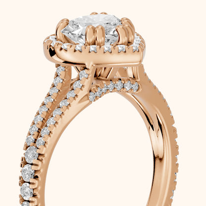 Dallas Halo Split Shank Heart Diamond Engagement Ring in Rose Gold - slant-view.webp