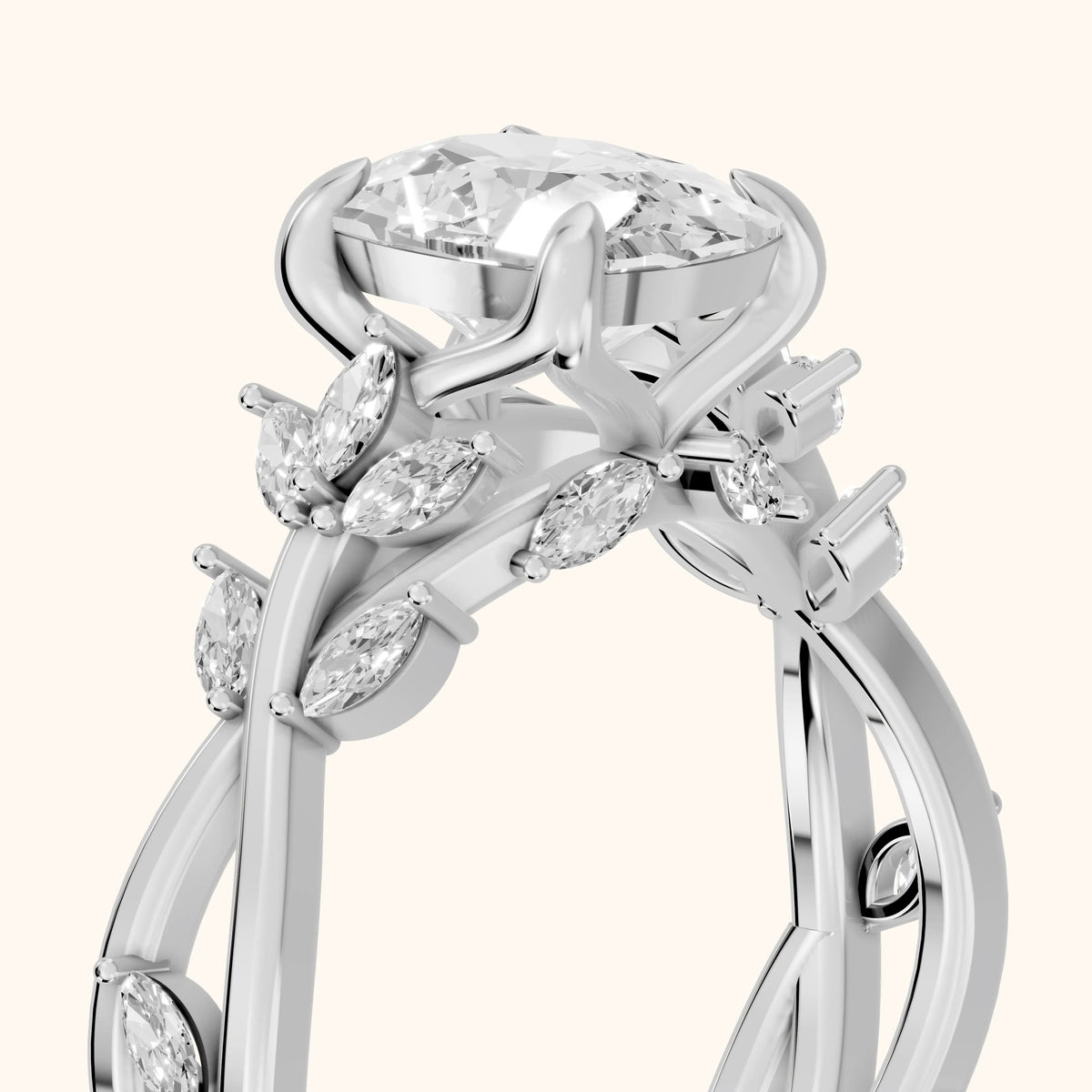 Kona Leaf Twist Cushion Diamond Engagement Ring in Platinum - slant-view.webp