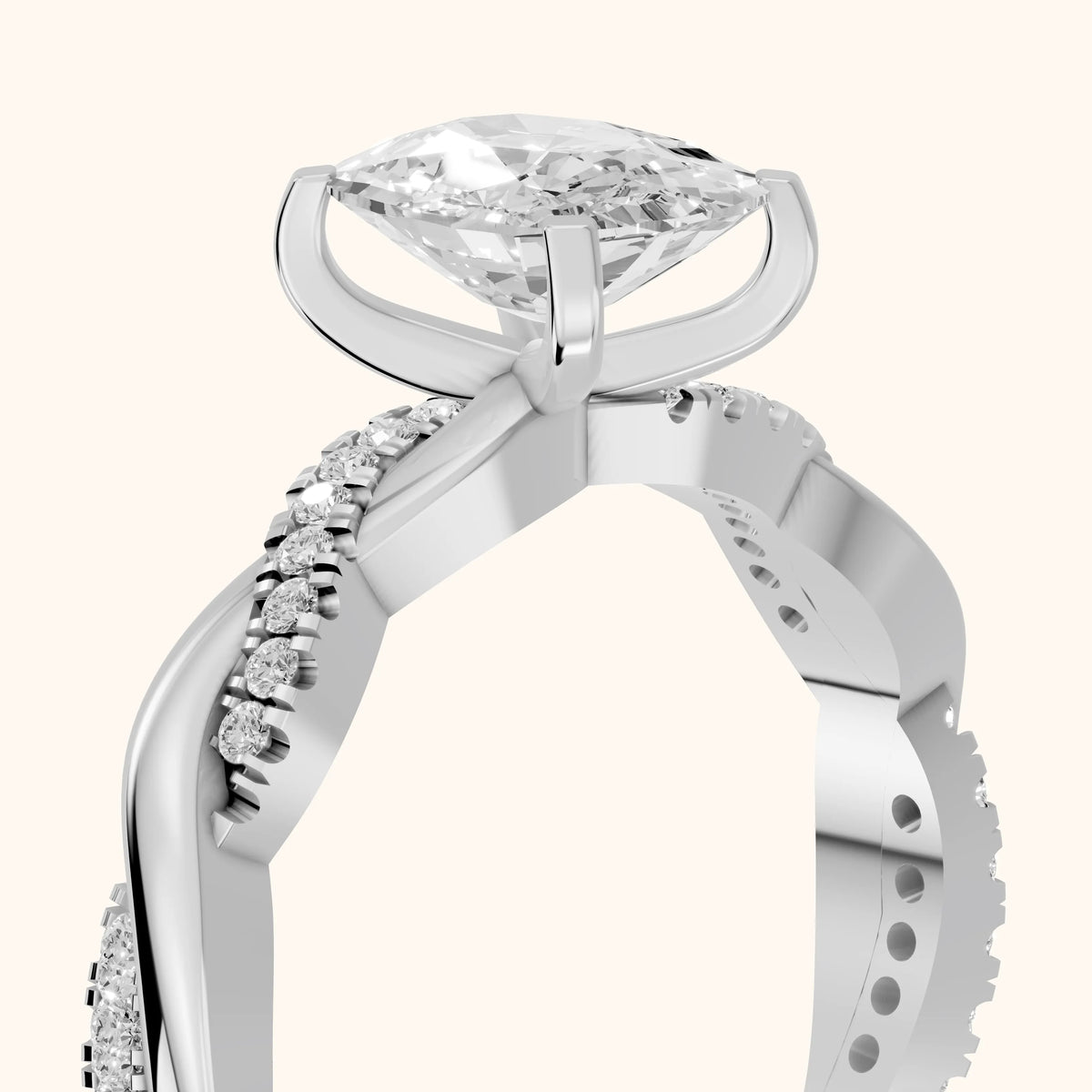 Twisted Side Stone Cushion Diamond Engagement Ring in Platinum - slant-view.webp