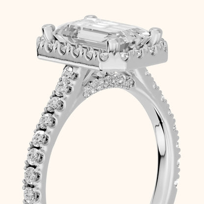 Sophie Halo Pavé Emerald Diamond Ring in Platinum - slant-view.webp