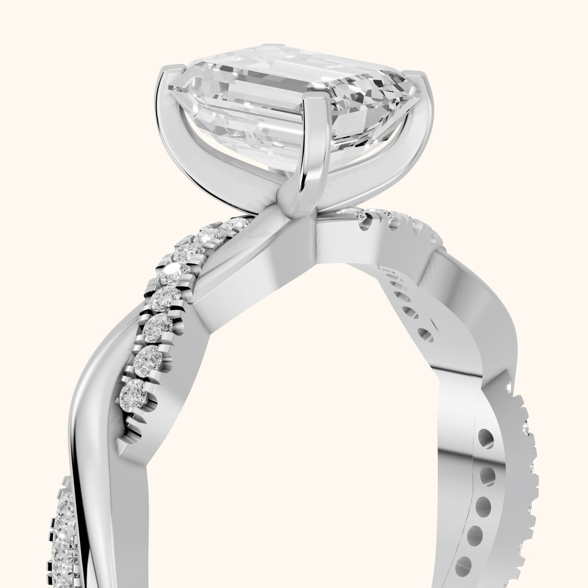 Twisted Side Stone Emerald Diamond Engagement Ring in Silver - slant-view.webp