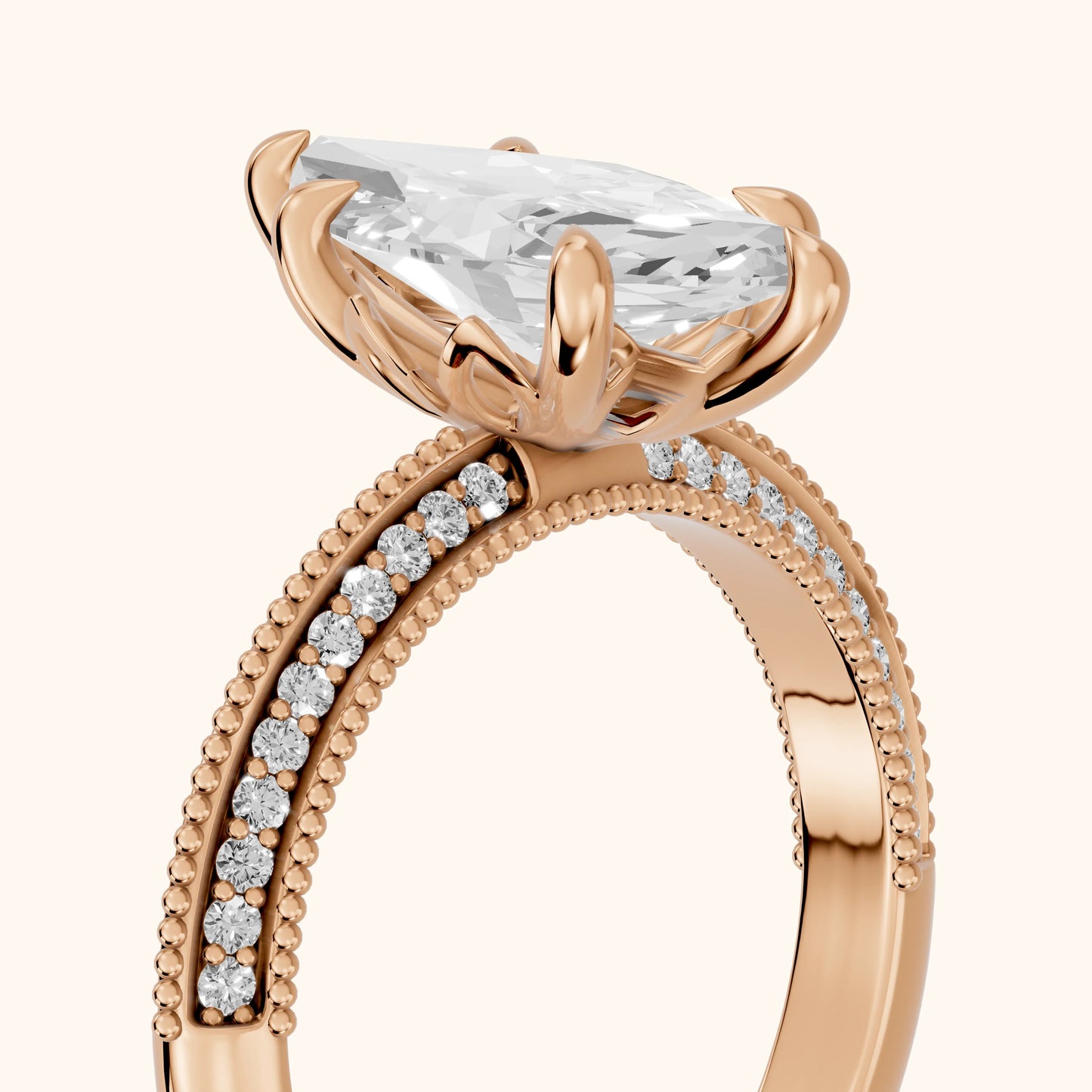 Indie Vintage Milgrain Marquise Diamond Engagement Ring in Rose Gold - slant-view.webp