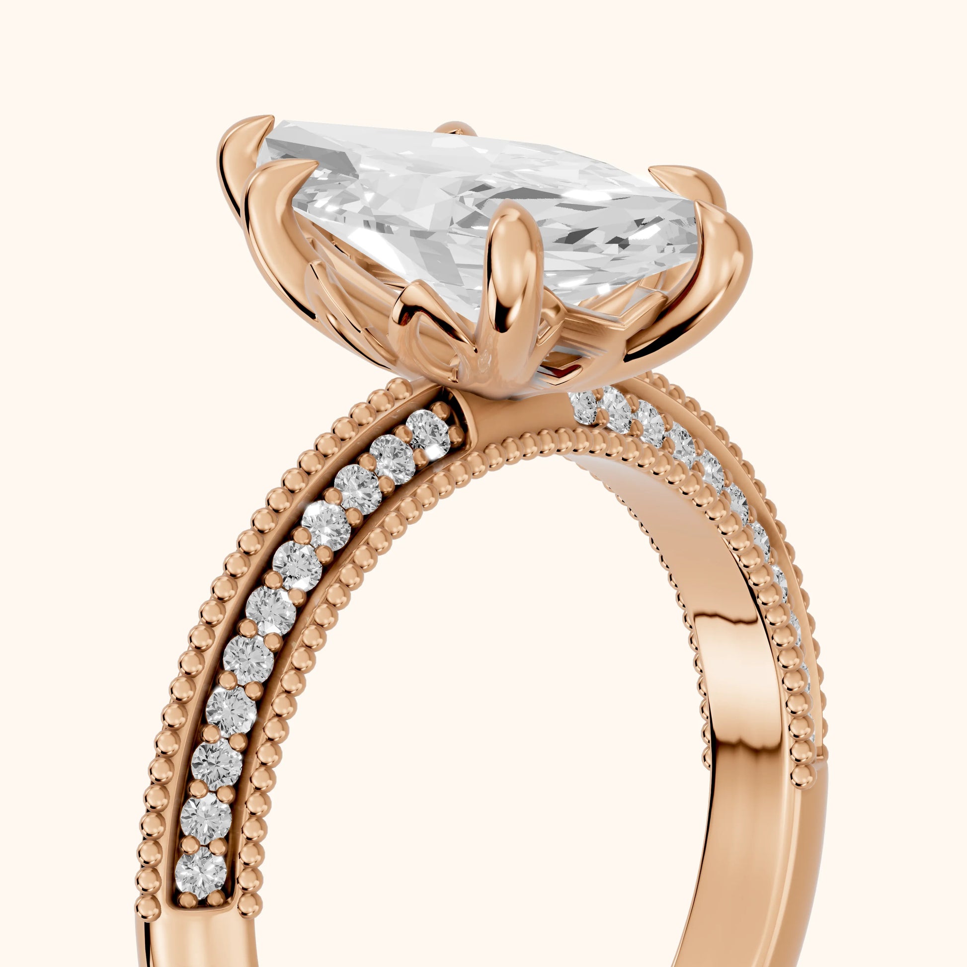 Indie Vintage Milgrain Marquise Diamond Engagement Ring in Rose Gold - slant-view.webp
