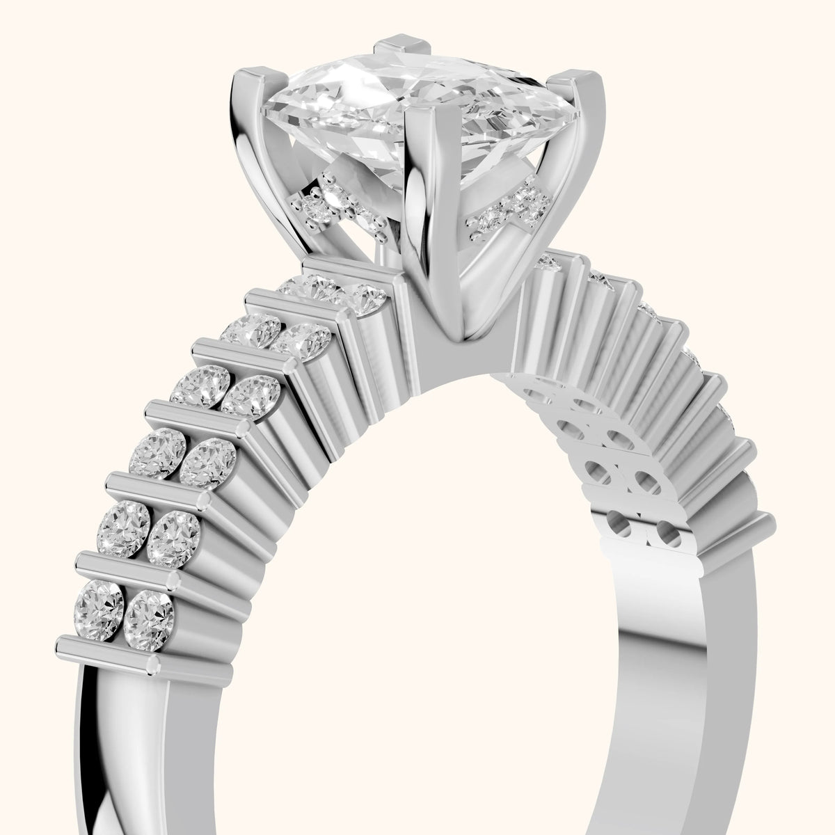 Honor Sidestone Cushion Diamond Engagement Ring in Platinum - slant-view.webp