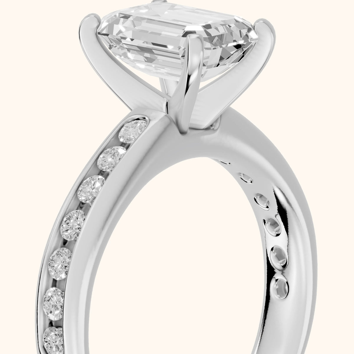 Avalon Channel Set Emerald Diamond Engagement Ring in White Gold - slant-view.webp