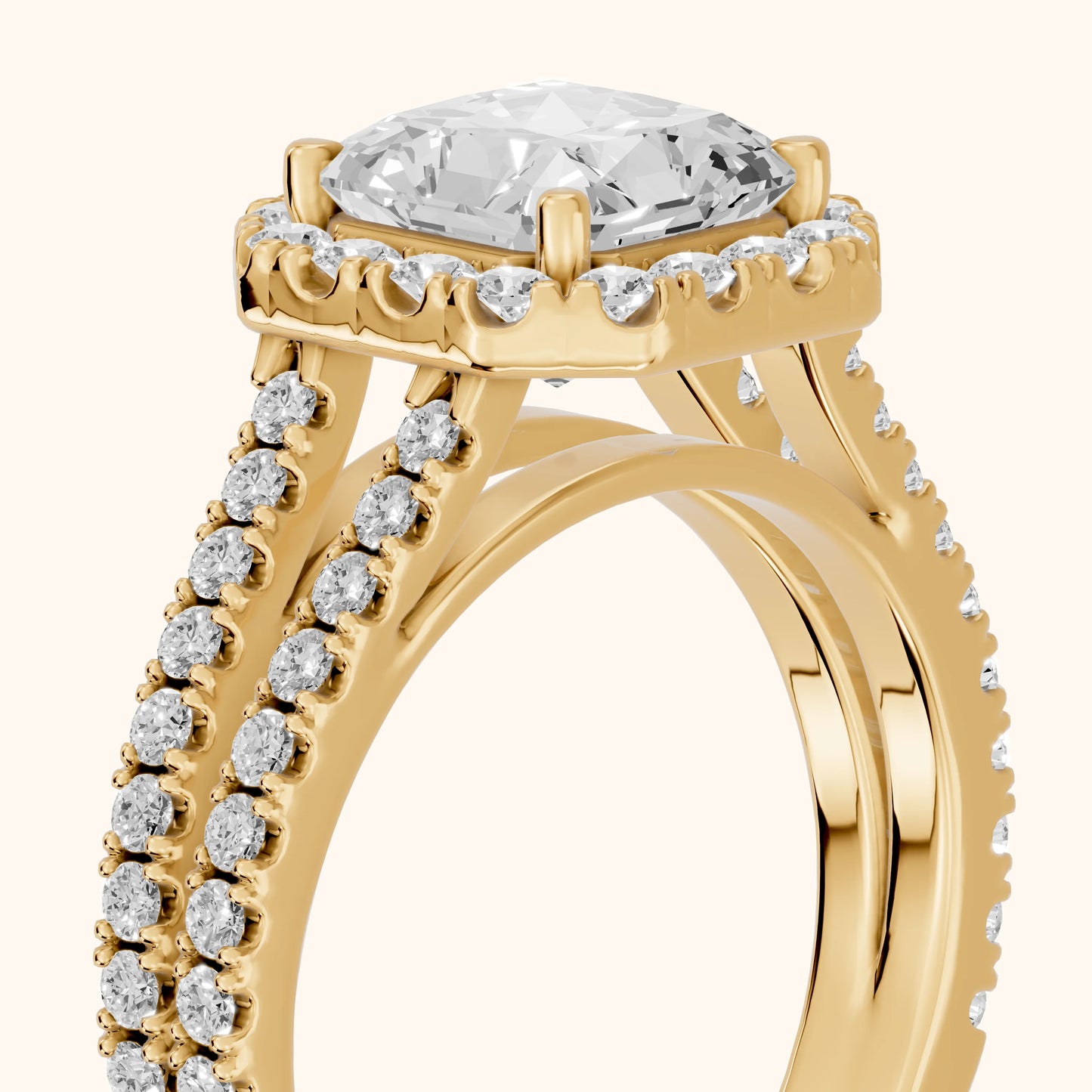 Kira Halo Split Shank Radiant Diamond Engagement Ring in Yellow Gold - slant-view.webp