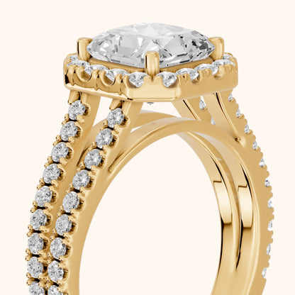 Kira Halo Split Shank Radiant Diamond Engagement Ring in Yellow Gold - slant-view.webp