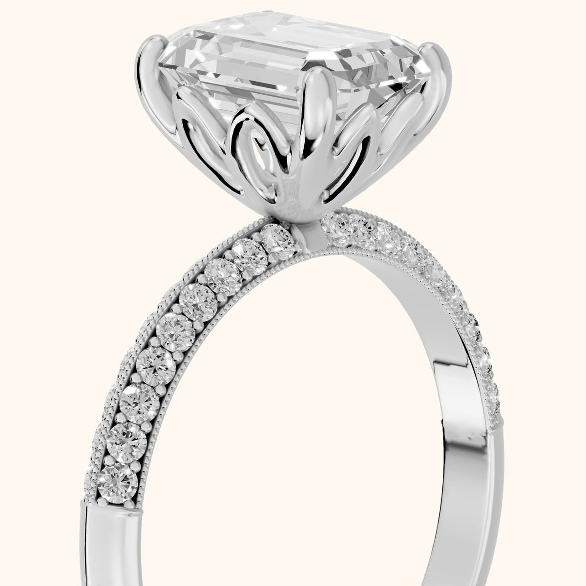 Jasmine Knife Edge Pavé Emerald Diamond Engagement Ring in Platinum - slant-view.webp