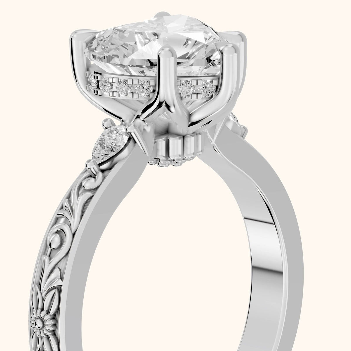 Siesta Three-Stone Engraved Heart Diamond Engagement Ring in Silver - slant-view.webp