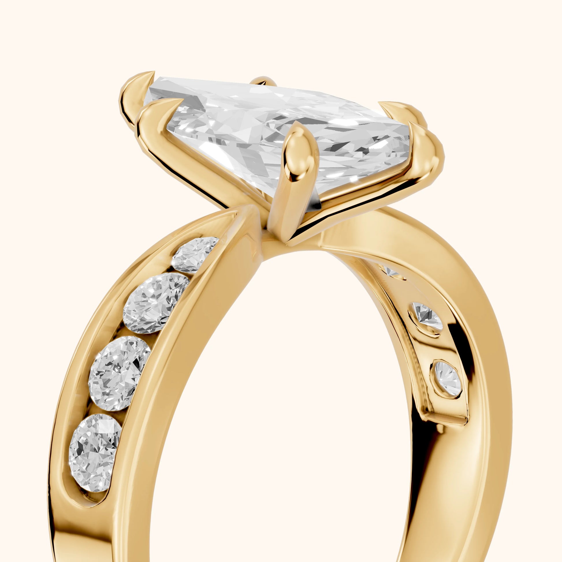 Noor Channel Set Sidestone Marquise Diamond Engagement Ring in Yellow Gold - slant-view.webp