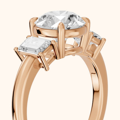 Zoe Three-Stone Round Diamond Ring in Rose Gold - slant-view.webp