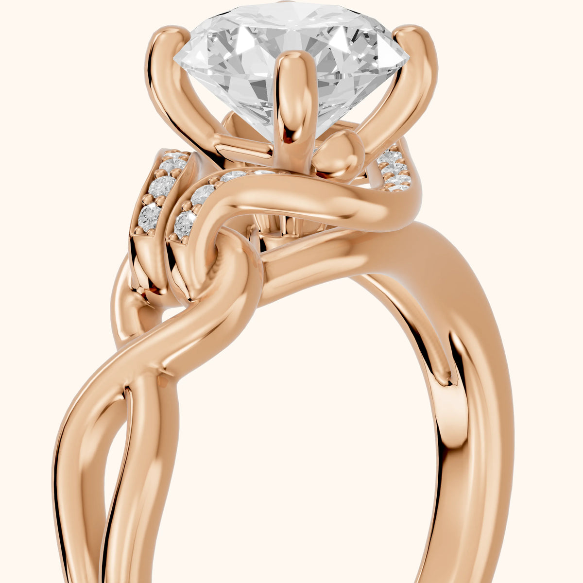 Lizzie Twist Split Shank Round Diamond Engagement Ring in Rose Gold - slant-view.webp