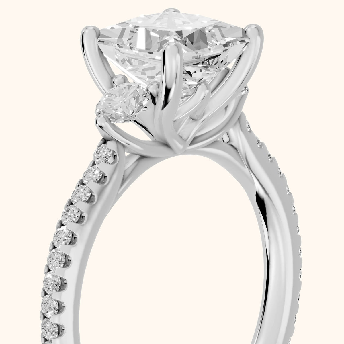Cristina Three-Stone Pavé Princess Diamond Engagement Ring in Silver - slant-view.webp