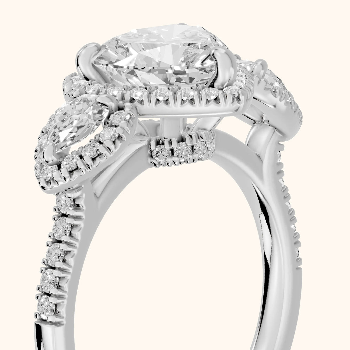 Camden Three-Stone Halo Heart Diamond Engagement Ring in Silver - slant-view.webp