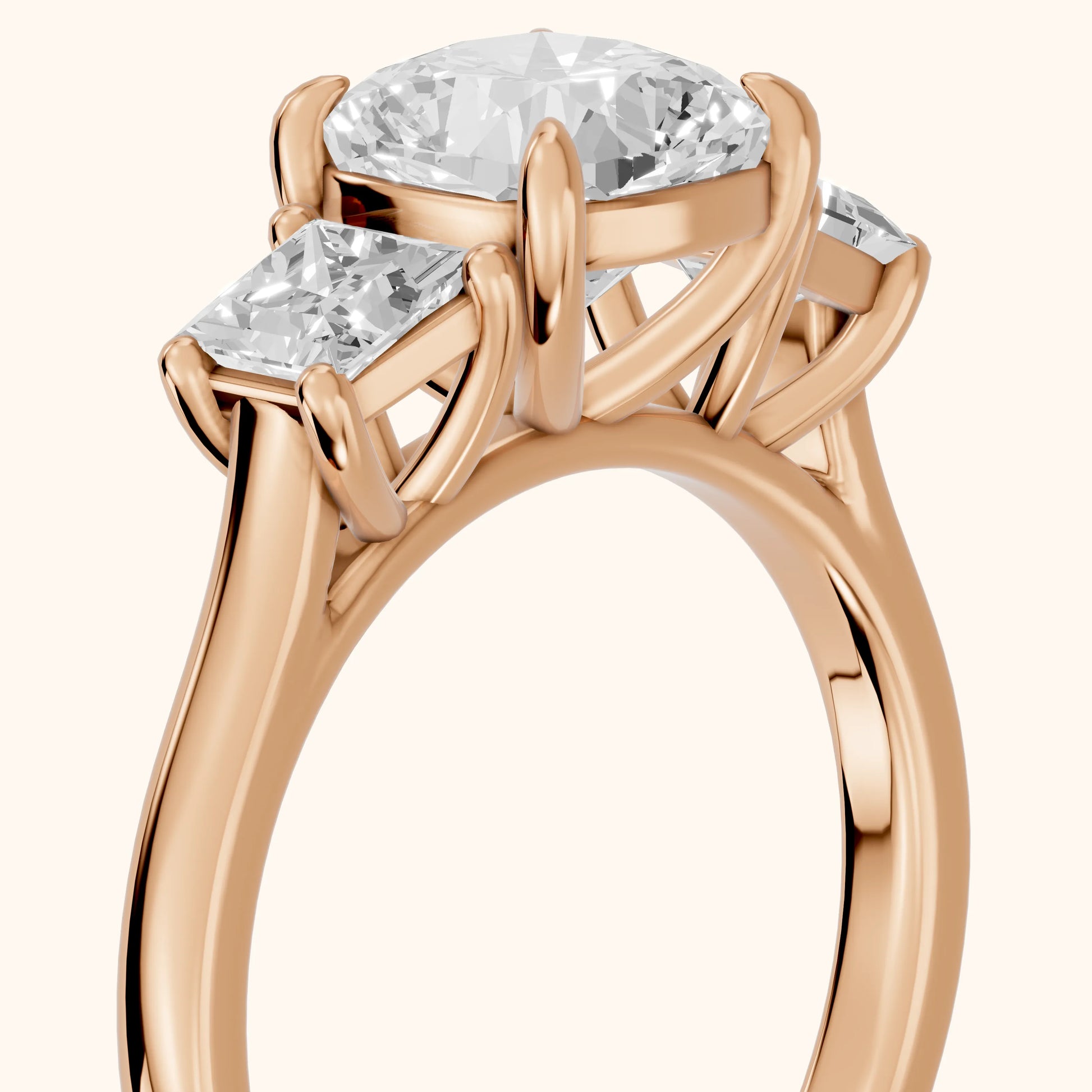 Sienna Three-Stone Cushion Diamond Ring in Rose Gold - slant-view.webp