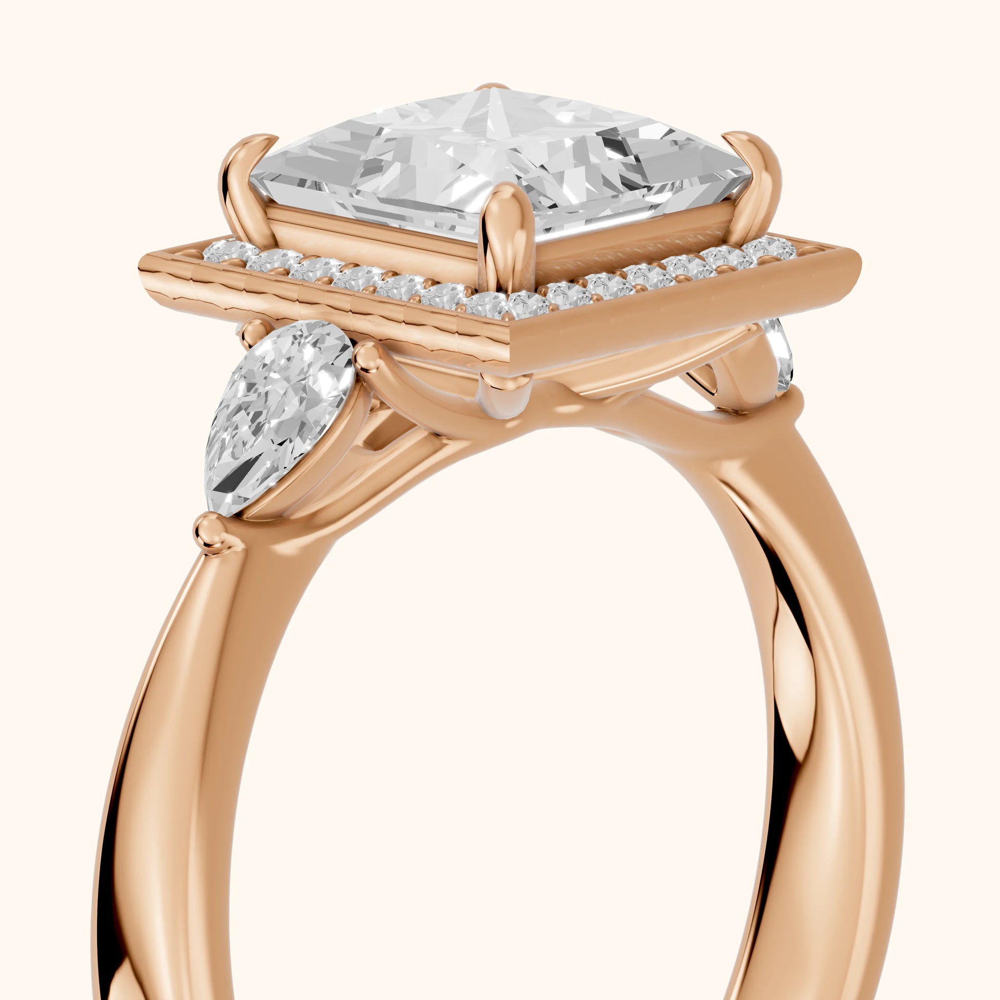 Eliza Halo Sidestone Princess Diamond Engagement Ring in Rose Gold - slant-view.webp