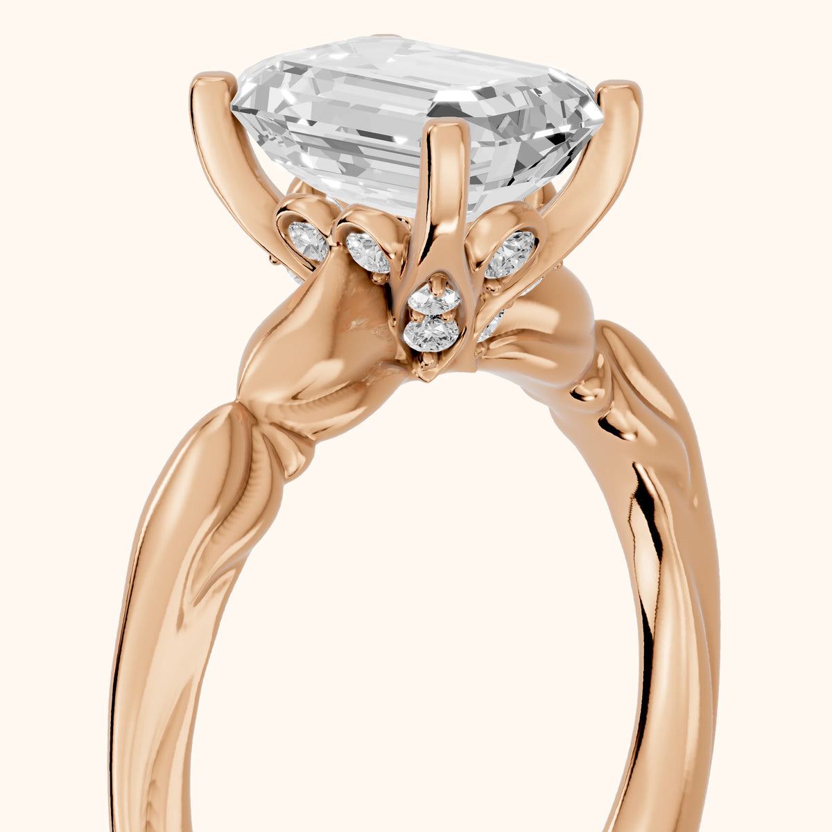 Verena Engraved Leaf Emerald Diamond Engagement Ring in Rose Gold - slant-view.webp