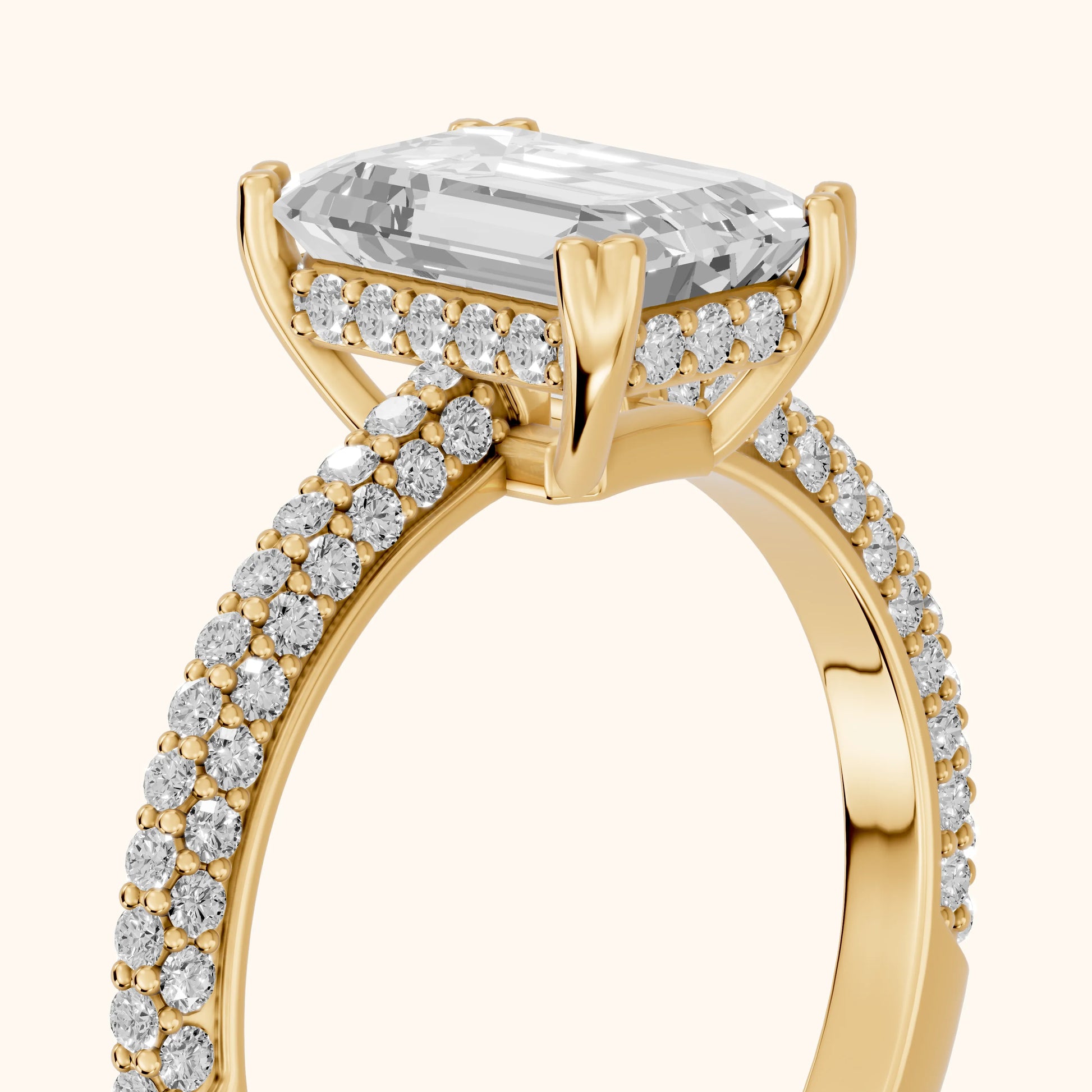 Violet Hidden Halo Pavé Emerald Diamond Ring in Yellow Gold - slant-view.webp
