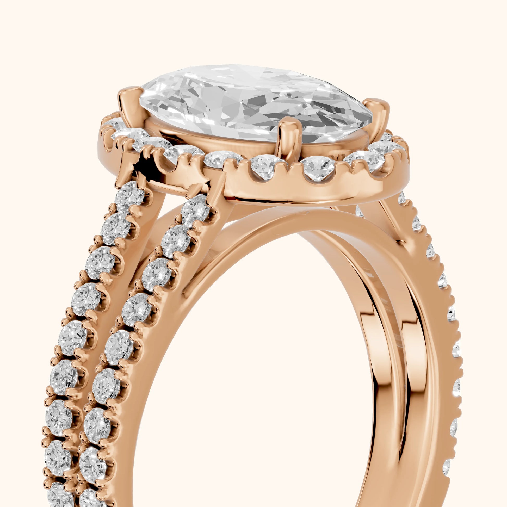 Kira Halo Split Shank Oval Diamond Engagement Ring in Rose Gold - slant-view.webp