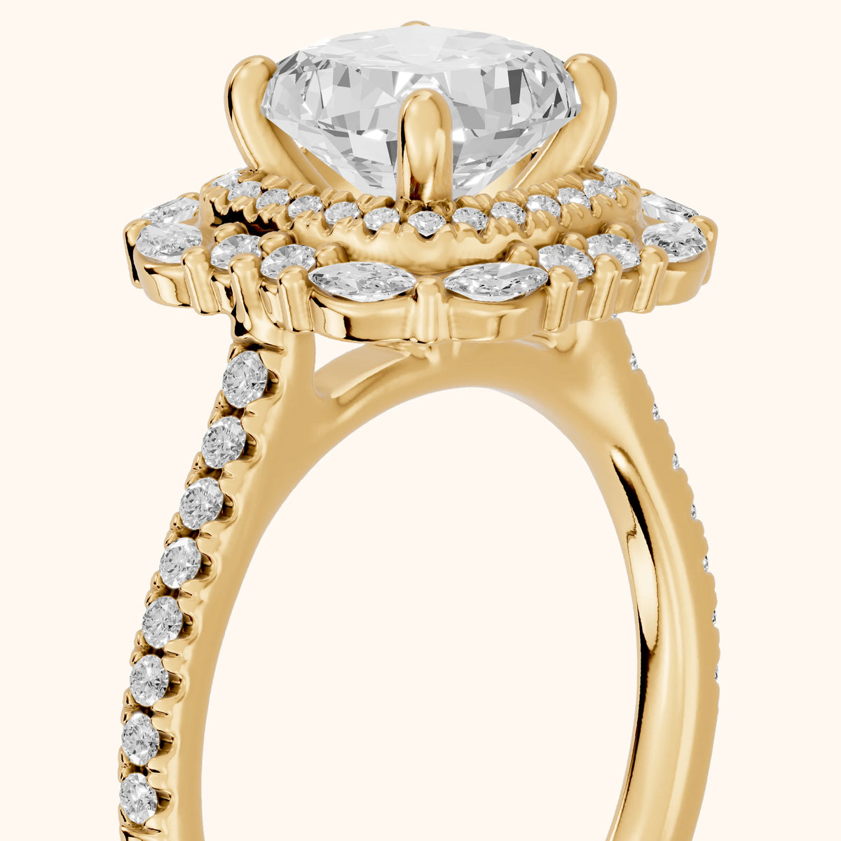 Lyndon Floral Double Halo Cushion Diamond Engagement Ring in Yellow Gold - slant-view.webp