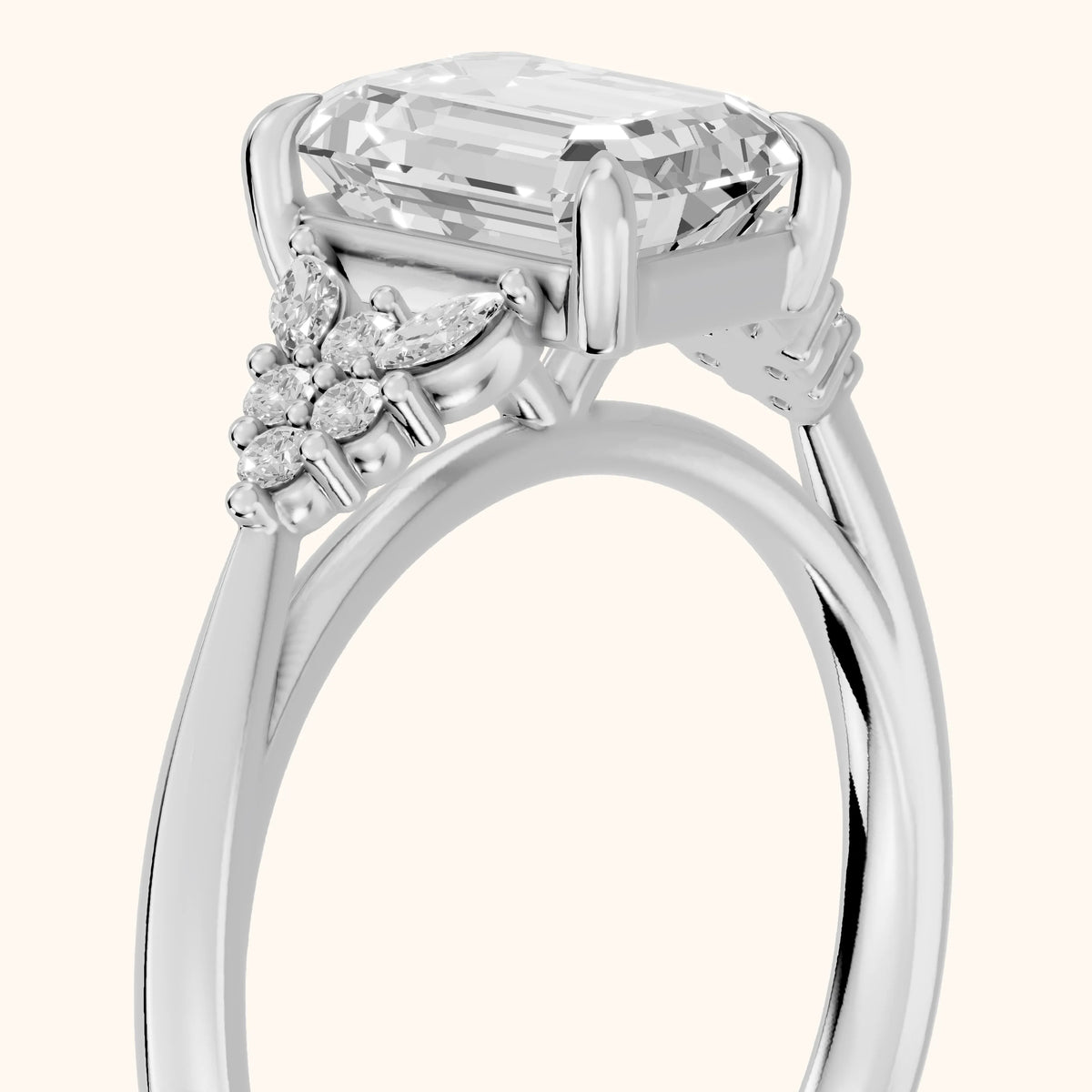 Fern Knife Edge Cluster Emerald Diamond Engagement Ring in White Gold - slant-view.webp