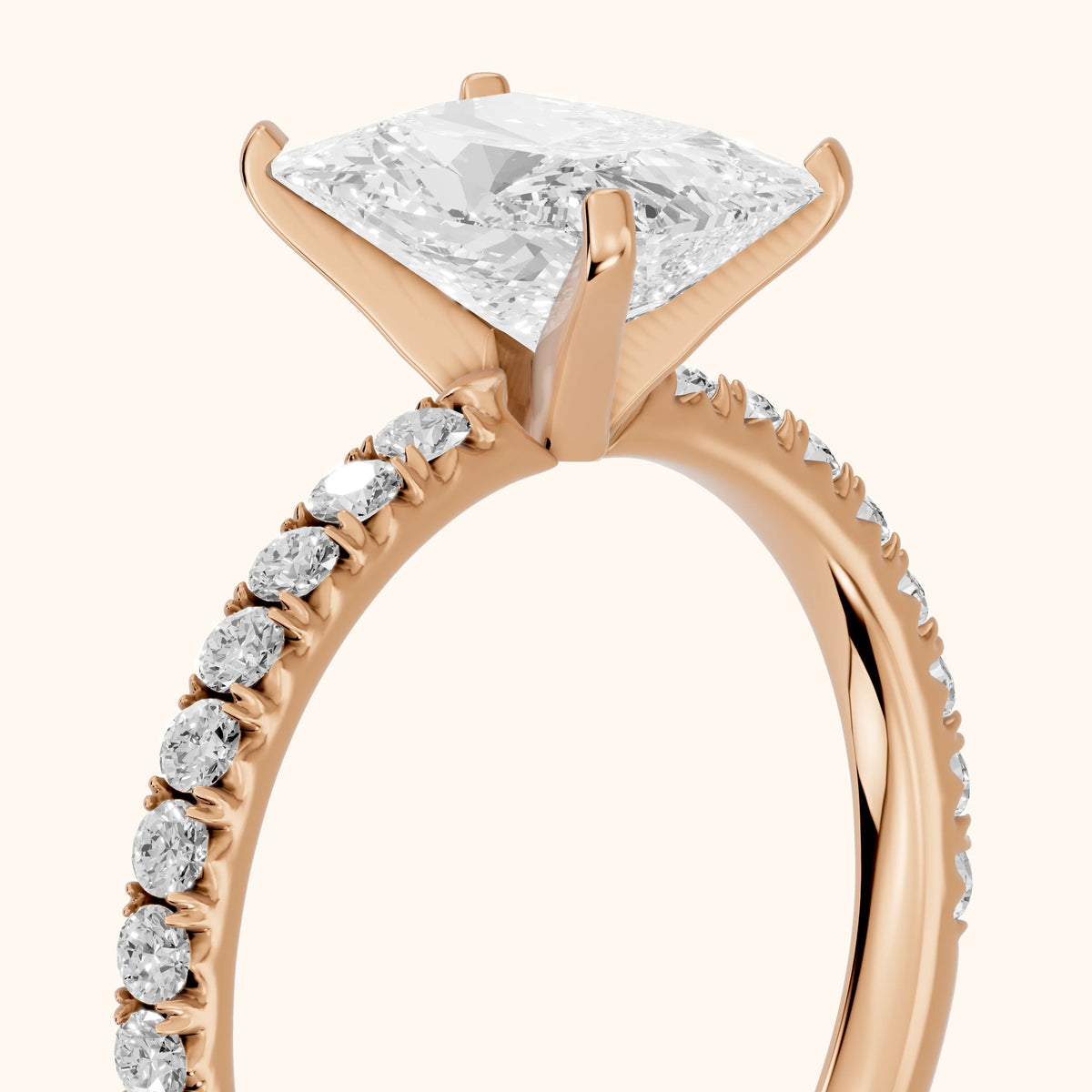 Juna French Pavé Solitaire Radiant Diamond Engagement Ring in Rose Gold - slant-view.webp