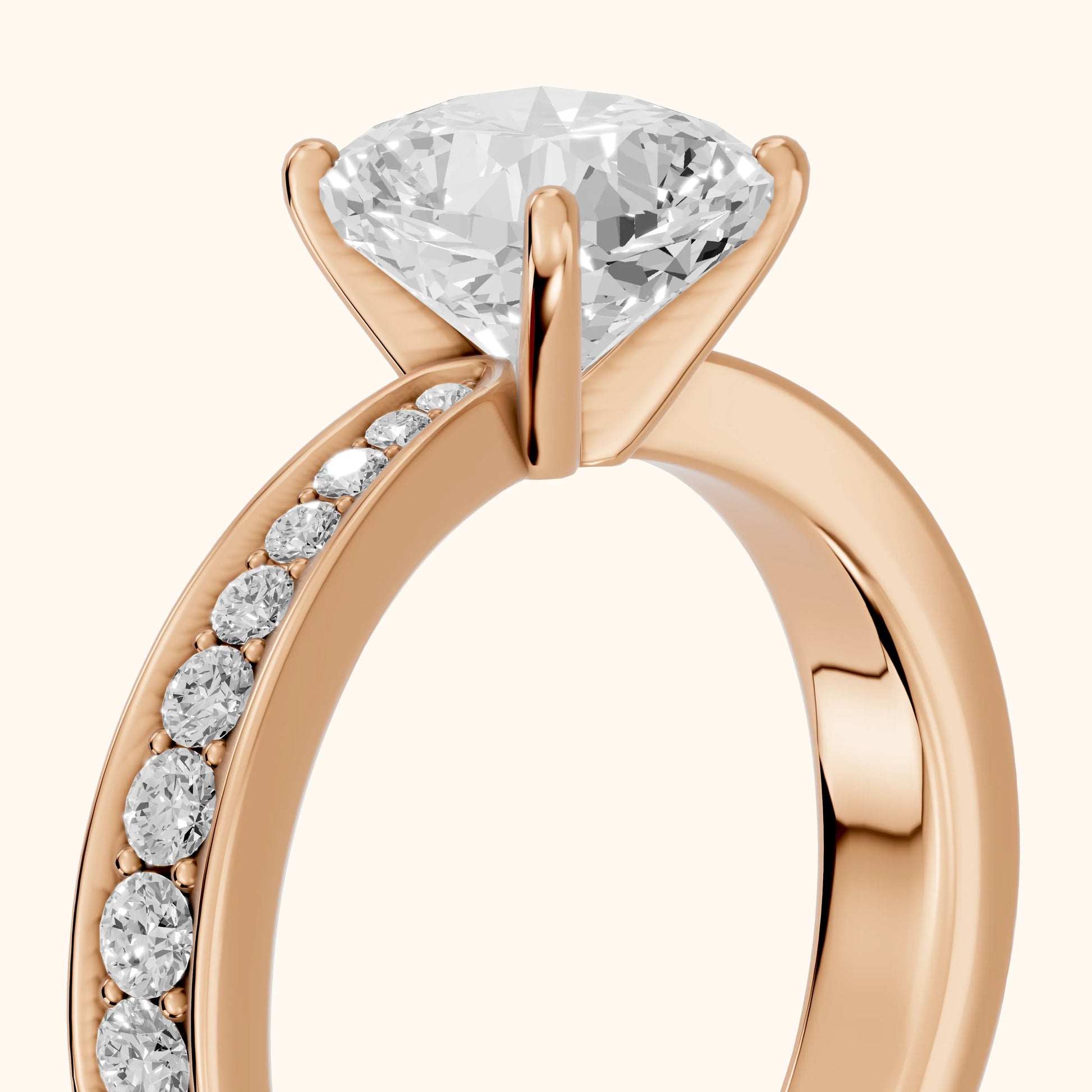 Rhea Sidestone Pavé Cushion Diamond Engagement Ring in Rose Gold - slant-view.webp