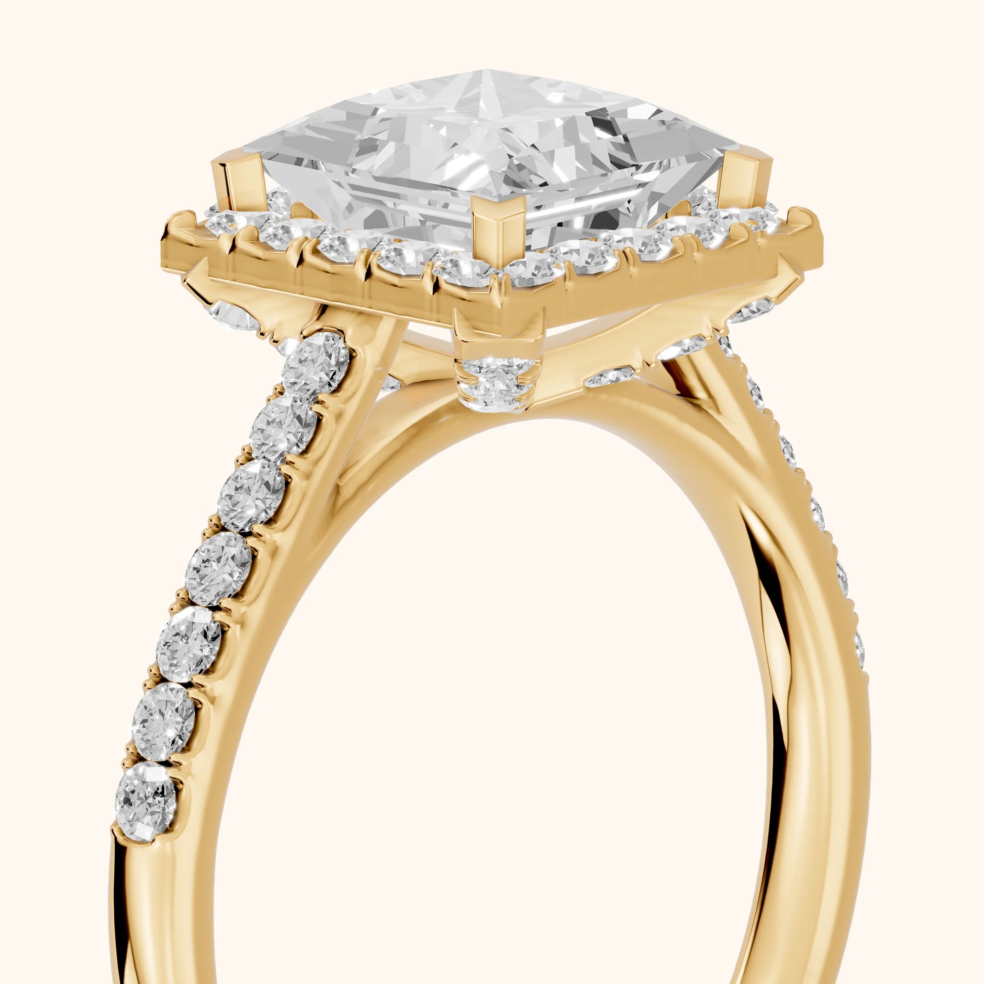 Alma Halo Pavé Princess Diamond Ring in Yellow Gold - slant-view.webp