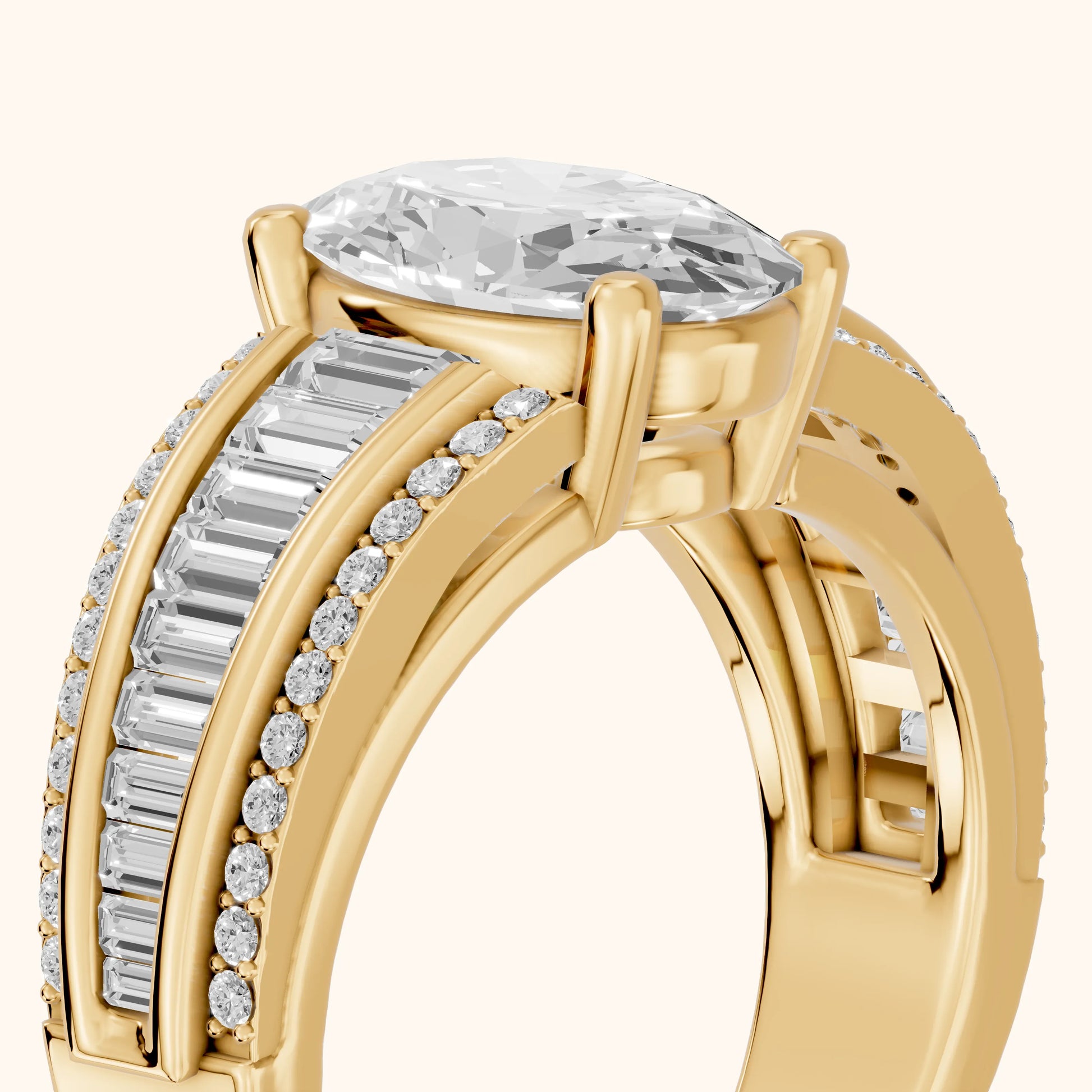 Halle Channel Set Baguette Accent Oval Diamond Engagement Ring in Yellow Gold - slant-view.webp