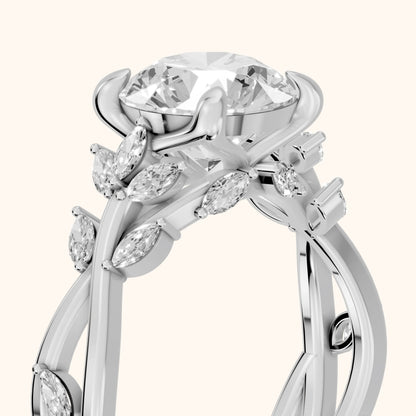 Kona Leaf Twist Round Diamond Engagement Ring in Platinum - slant-view.webp