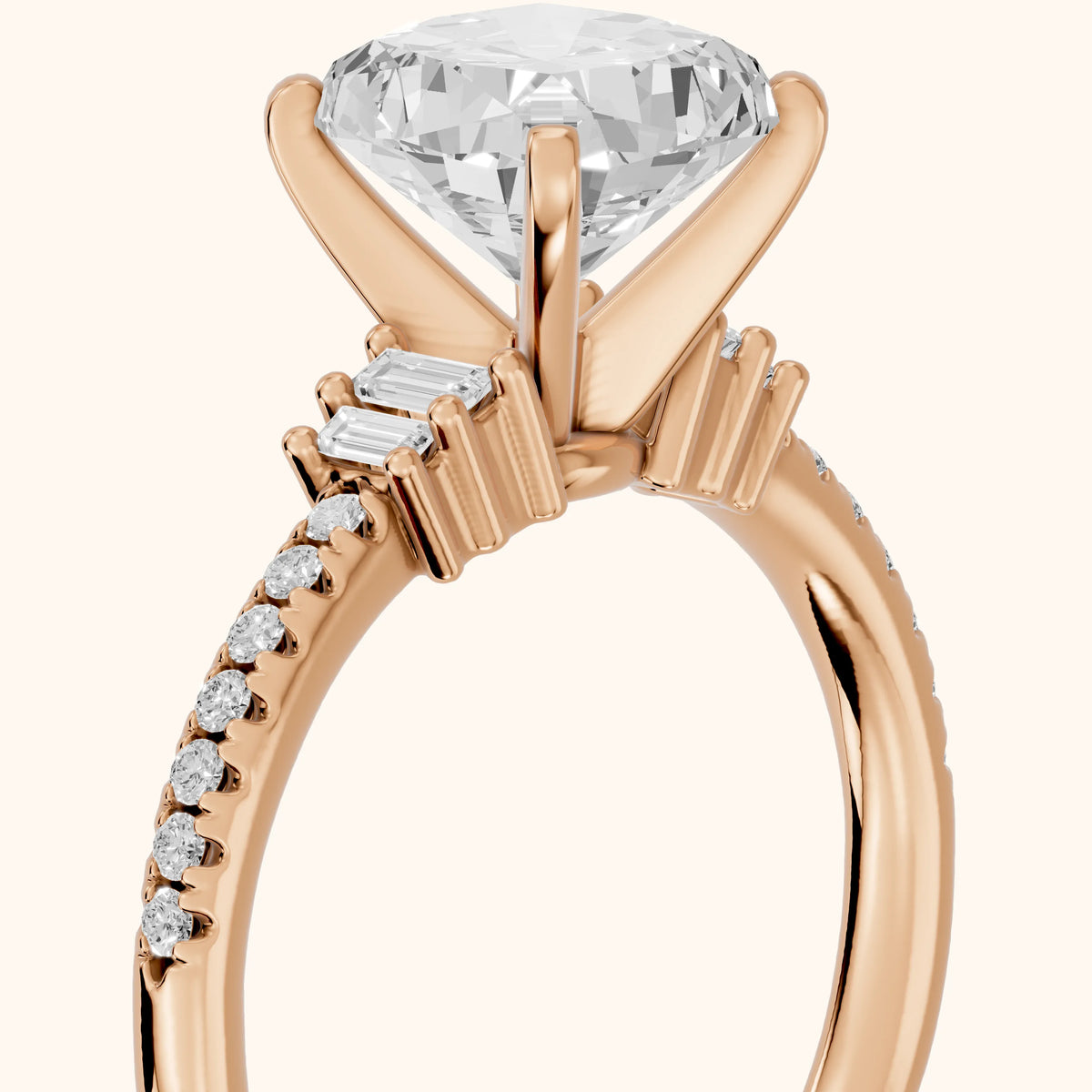 Rhona Baguette Pavé Cushion Diamond Engagement Ring in Rose Gold - slant-view.webp