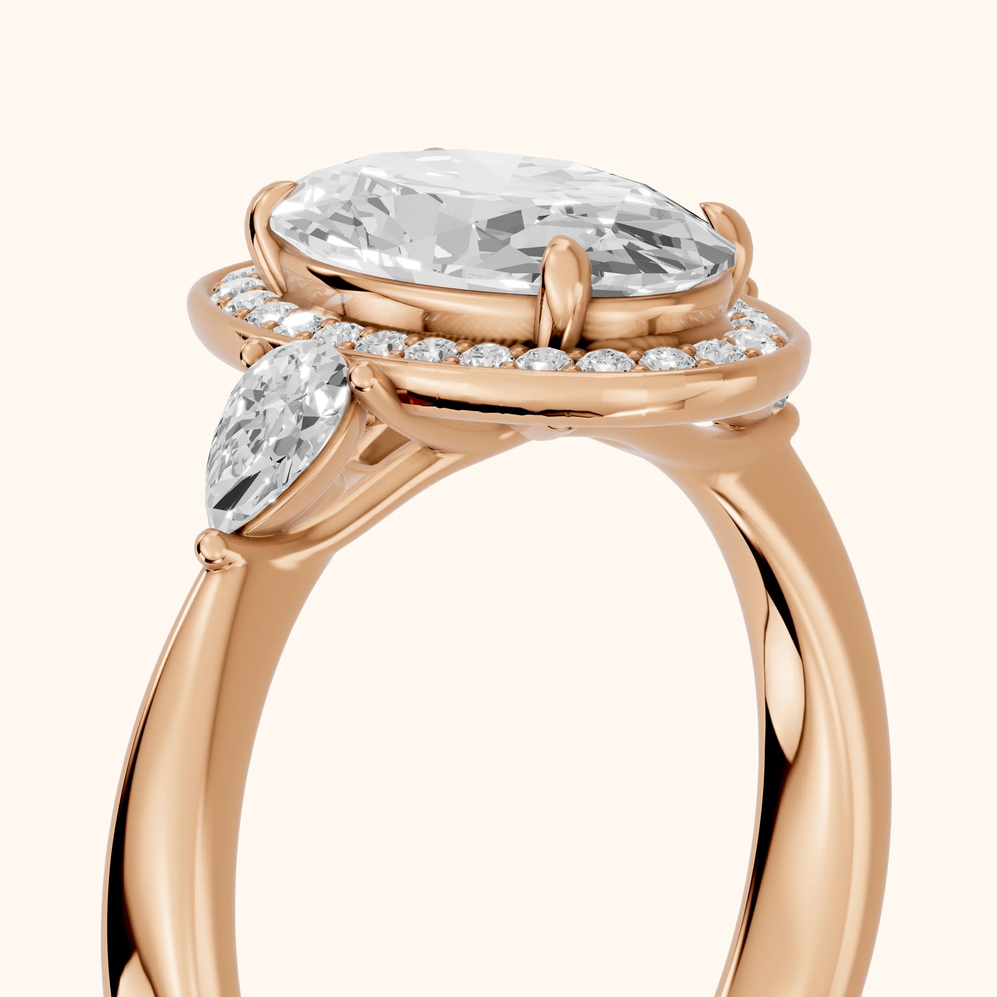 Eliza Halo Sidestone Oval Diamond Engagement Ring in Rose Gold - slant-view.webp