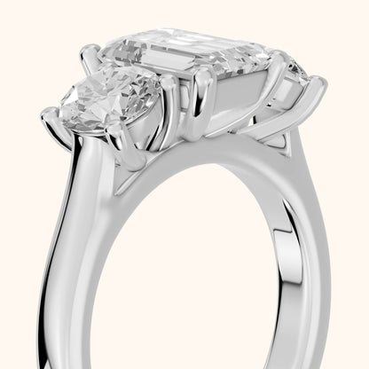 Callie Three-Stone Trellis Emerald Diamond Ring in White Gold - slant-view.webp