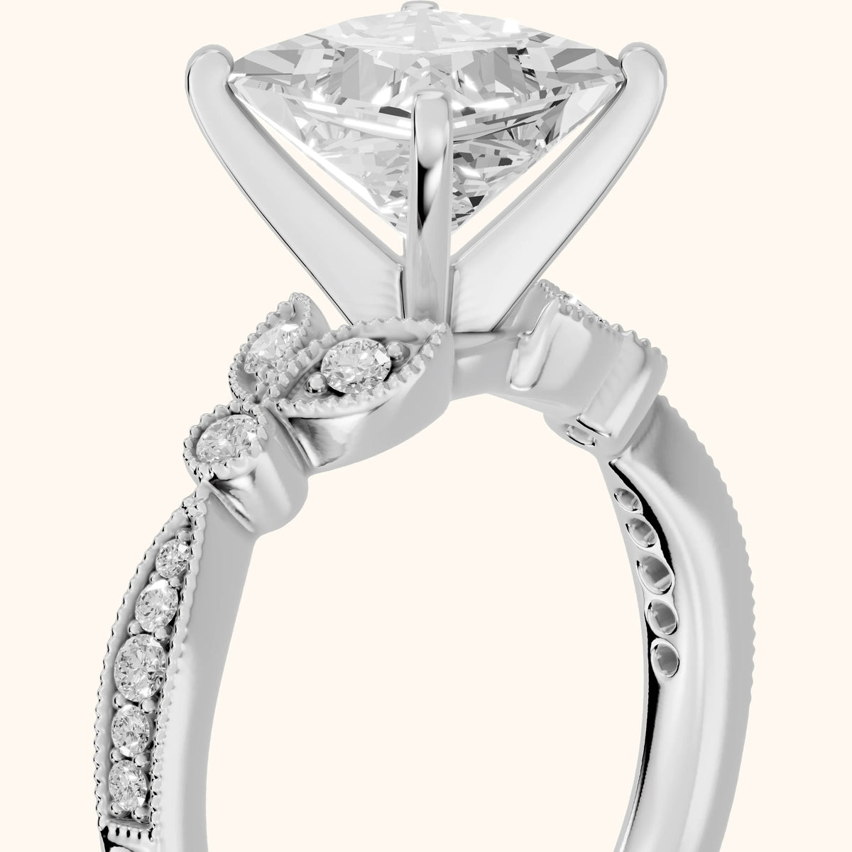 Ninette Vintage Leaf Princess Diamond Engagement Ring in Platinum - slant-view.webp